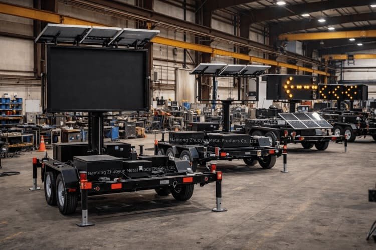 High-visibility traffic management trailers including solar-powered VMS and arrow board units for road safety applications