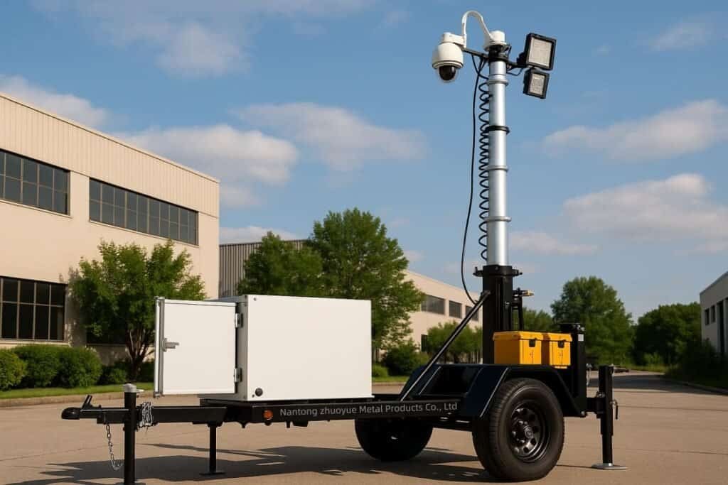 Public safety trailer solutions including solar light towers, surveillance units, and telescopic masts in use