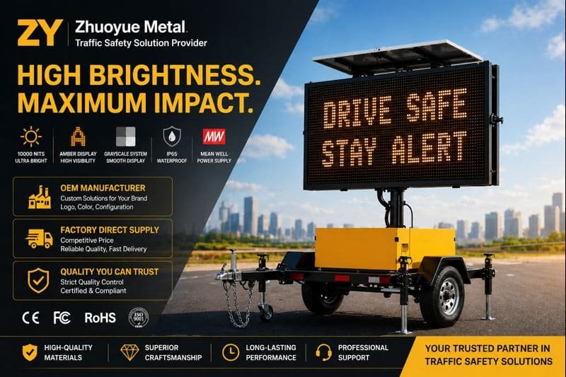 Amber P10 VMS trailer with 10000 nits brightness for traffic management and road safety